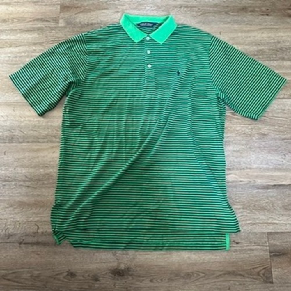 Polo Golf Ralph Lauren Mens Large Green Navy Blue Striped Pima Cotton Polo Shirt